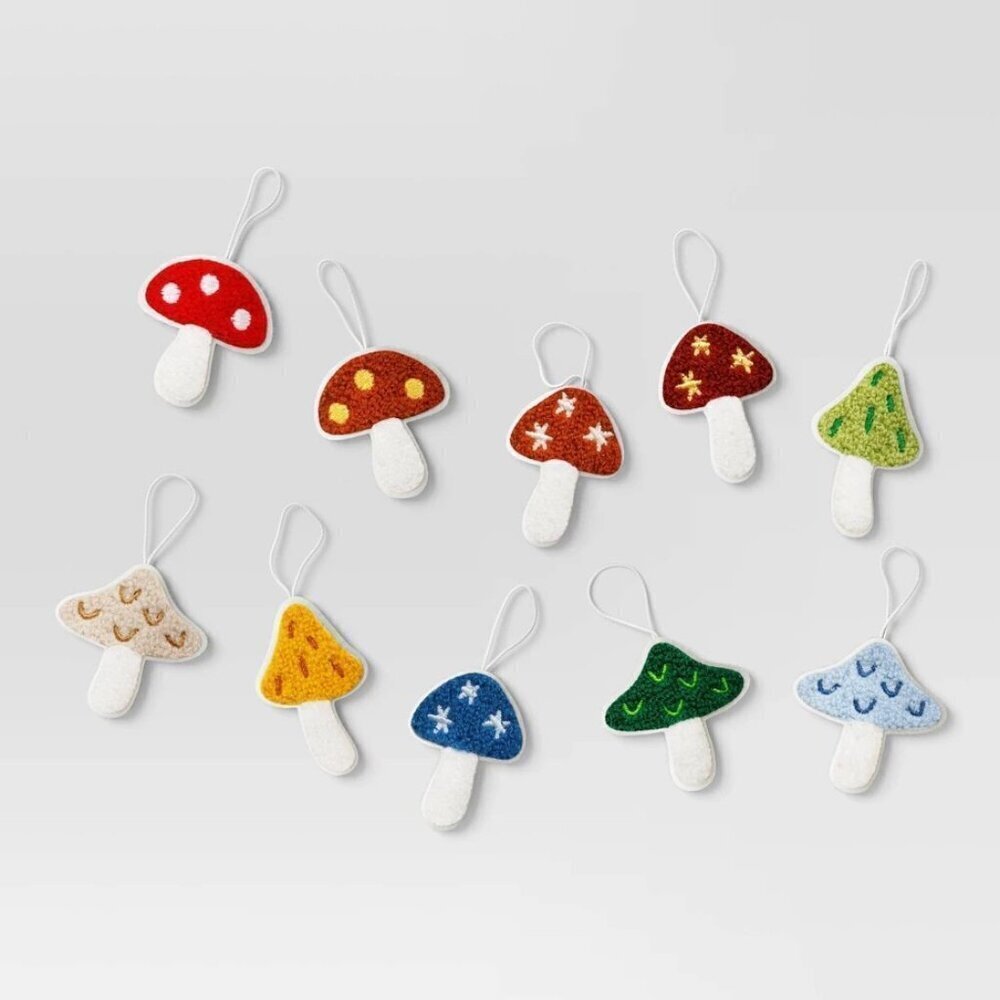 NWT - 10pc Fabric Mushroom Christmas Tree Ornament Set